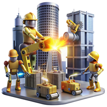 sereno Clásico un grupo de construcción robots con pesado maquinaria, edificio un futurista rascacielos, iluminado por el brillante Dom y soldadura chispas. arquitectónico representación estilo alto resolución png