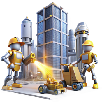 impresionante minimalista un grupo de construcción robots con pesado maquinaria, edificio un futurista rascacielos, iluminado por el brillante Dom y soldadura chispas. arquitectónico representación estilo auténtico png