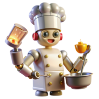 beautiful contemporary A chef robot with multiple arms and precise utensils, preparing a gourmet meal, lit by the bright lights of a professional kitchen. Culinary photography style high quality png