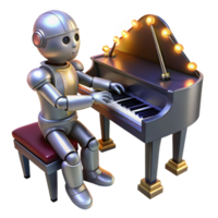 beautiful minimalist A musician robot with metallic fingers, playing a grand piano, lit by the warm glow of spotlights on a concert stage. Music photography style genuine png