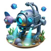 elegant minimalist A robotic probe exploring the depths of the ocean, with powerful searchlights illuminating the dark abyss, lit by bioluminescent creatures. Underwater photography style professional png