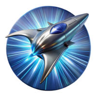 serene rustic A sleek, chrome spaceship, shaped like a manta ray, emerges from a wormhole, trailing streaks of cerulean energy. Dynamic lighting with lens flare, cyberpunk style high resolution png