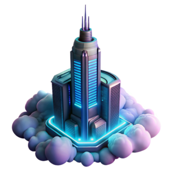 lindo minimalista uma futurista arranha-céu piercing a nuvens, brilhando néon acentos, dramático iluminação, cyberpunk, original png
