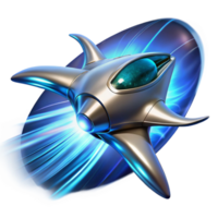 stunning modern A sleek, chrome spaceship, shaped like a manta ray, emerges from a wormhole, trailing streaks of cerulean energy. Dynamic lighting with lens flare, cyberpunk style genuine png