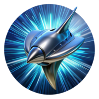 beautiful vintage A sleek, chrome spaceship, shaped like a manta ray, emerges from a wormhole, trailing streaks of cerulean energy. Dynamic lighting with lens flare, cyberpunk style exclusive png