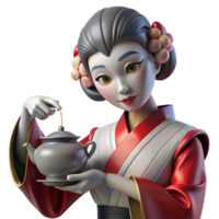 beautiful abstract A robotic geisha, with porcelain skin and glowing crimson eyes, pours tea from a levitating teapot. Soft, diffused lighting, art nouveau style premium png