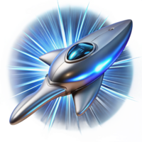 serene vintage A sleek, chrome spaceship, shaped like a manta ray, emerges from a wormhole, trailing streaks of cerulean energy. Dynamic lighting with lens flare, cyberpunk style authentic png