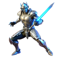 magnifique artistique une cyborg guerrier, avec complexe métallique membres et embrasé bleu circuits, brandit une plasma épée. spectaculaire éclairage avec ombres, foncé fantaisie style haute résolution png