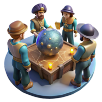 serene rustic A group of space pirates, gathered around a holographic map of a treasure planet. Dim, atmospheric lighting, gritty realism style original png