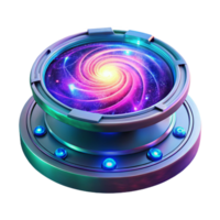 dramatic modern A holographic projection of a galaxy, swirling with vibrant colors, displayed above a futuristic control panel. Neon lighting, cyberpunk style genuine png