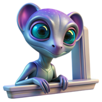 dramatic artistic A genetically modified alien pet, with iridescent scales and large, expressive eyes, perched on a futuristic windowsill. Naturalistic lighting, digital painting style high quality png