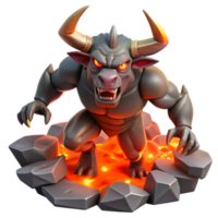 magnificent modern A powerful minotaur, with glowing red eyes, charging through a labyrinth of jagged rocks, lit by flickering torches. Comic book style premium png