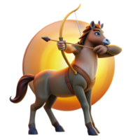 impressive rustic A wise centaur, with intricate tribal markings, aiming a bow and arrow at a distant target, illuminated by the warm light of a setting sun. Realistic style premium png
