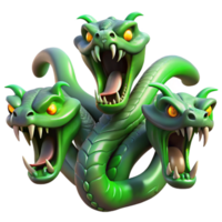 serene creative A fearsome hydra, with multiple serpentine heads, spewing venom, illuminated by an eerie green glow. Surrealist style high quality png