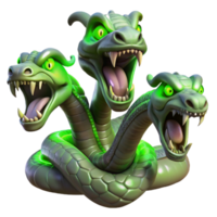 dramatic classic A fearsome hydra, with multiple serpentine heads, spewing venom, illuminated by an eerie green glow. Surrealist style professional png