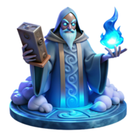 impressive traditional A wise old oracle, with glowing eyes, reading runes on a stone tablet, surrounded by swirling mist, lit by an ethereal blue light. Fantasy art style professional png