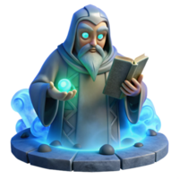 stunning creative A wise old oracle, with glowing eyes, reading runes on a stone tablet, surrounded by swirling mist, lit by an ethereal blue light. Fantasy art style detailed png