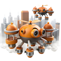 extraordinary classic A swarm of mechanical drones patrolling a smog-filled cityscape, orange and grey color palette, harsh lighting, graphic novel style high resolution png