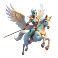 hermosa tradicional un agraciado valquiria, con con alas casco y lanza, montando un con alas caballo, bañado en un celestial brillo. nórdico mitología estilo alto resolución png