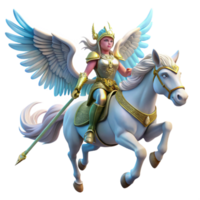 maravilloso rústico un agraciado valquiria, con con alas casco y lanza, montando un con alas caballo, bañado en un celestial brillo. nórdico mitología estilo original png