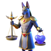 stunning artistic A stoic Anubis, with a jackal head and regal attire, weighing a heart on a scale, bathed in an ethereal blue light. Egyptian mythology style high resolution png