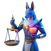 dramatic creative A stoic Anubis, with a jackal head and regal attire, weighing a heart on a scale, bathed in an ethereal blue light. Egyptian mythology style authentic png