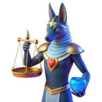 serene abstract A stoic Anubis, with a jackal head and regal attire, weighing a heart on a scale, bathed in an ethereal blue light. Egyptian mythology style detailed png