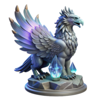 extraordinary creative A majestic griffin with iridescent feathers, perched atop a crumbling obsidian tower, lit by a single beam of ethereal moonlight. Intricate, hyperrealistic style premium png