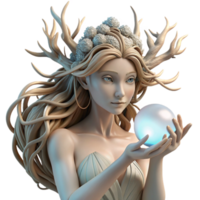 stunning abstract A serene dryad with flowing willow branches for hair, cradling a luminous crystal orb, soft, diffused sunlight. Pre-Raphaelite style high quality png