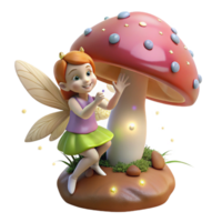 vibrant vintage A mischievous pixie with gossamer wings, dusting a giant mushroom with sparkling fairy dust, dappled sunlight. Storybook illustration style high resolution png