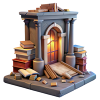 serene traditional A decaying library filled with crumbling books, dim lighting, nostalgic atmosphere, vintage style premium png
