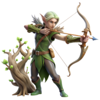 dramatic minimalist An elegant elven archer with a bow made of twisted vines, aiming at an unseen target, soft, dappled forest light. Digital art style genuine png