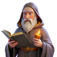 serene classic A wise old wizard with a long white beard, reading from an ancient tome, warm firelight. Classical painting style detailed png