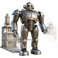serene classic A giant robot patrolling a deserted industrial complex, metallic textures, imposing lighting high resolution png
