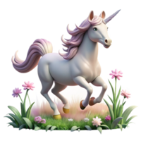 impressive artistic A graceful unicorn with a silver horn, galloping through a field of wildflowers, soft sunlight. Dreamlike art style professional png