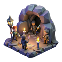 magnificent minimalist A group of adventurers exploring a dark, mysterious cave, torchlight. Dungeon crawler art style genuine png