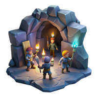 dramatic minimalist A group of adventurers exploring a dark, mysterious cave, torchlight. Dungeon crawler art style high quality png