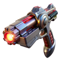 vibrant creative A futuristic weapon with intricate carvings, glowing energy cores, and a sleek metallic finish, held by a robotic hand, lit by a dramatic red spotlight. Sci-fi style 4K png