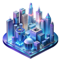 serene vintage A futuristic cityscape with towering skyscrapers, flying vehicles, and holographic advertisements, viewed from above, lit by a vibrant mix of neon lights. Isometric style authentic png