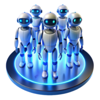 wonderful rustic A group of futuristic, humanoid robots with diverse designs and glowing accents, standing in a circle, lit by a soft, ambient blue light. Character design style professional png