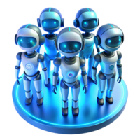 elegant minimalist A group of futuristic, humanoid robots with diverse designs and glowing accents, standing in a circle, lit by a soft, ambient blue light. Character design style high quality png