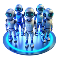 wonderful modern A group of futuristic, humanoid robots with diverse designs and glowing accents, standing in a circle, lit by a soft, ambient blue light. Character design style premium png