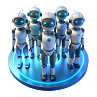 impressive minimalist A group of futuristic, humanoid robots with diverse designs and glowing accents, standing in a circle, lit by a soft, ambient blue light. Character design style authentic png