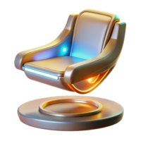dramatic creative A futuristic, levitating chair with sleek lines, glowing accents, and a holographic control panel, floating in mid-air, lit by a soft, diffused orange light. Product design style 4K png
