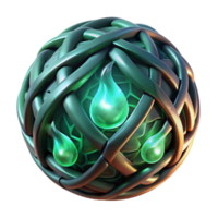 vibrant abstract Intricate Celtic knotwork glowing with emerald fire, woven around a crystal clear sphere, dark fantasy art style high resolution png
