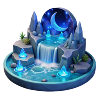 serene artistic A cascading waterfall of liquid moonlight flowing into a crystal pool, surrounded by bioluminescent flora, surrealism style high resolution png