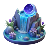 stunning classic A cascading waterfall of liquid moonlight flowing into a crystal pool, surrounded by bioluminescent flora, surrealism style detailed png