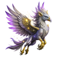 serene modern A majestic griffin with feathers of amethyst and gold, soaring through a nebula of swirling stardust, fantasy art style premium png