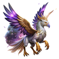 elegant modern A majestic griffin with feathers of amethyst and gold, soaring through a nebula of swirling stardust, fantasy art style professional png