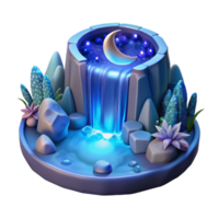 dramatic artistic A cascading waterfall of liquid moonlight flowing into a crystal pool, surrounded by bioluminescent flora, surrealism style 4K png